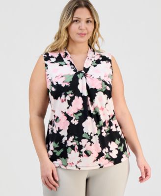 Kasper - Plus Size Printed Knot-Neck Sleeveless Top