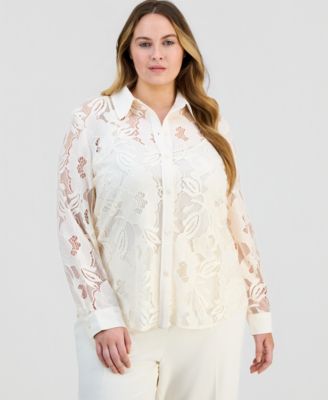 Anne Klein - Plus Size Blossom Lace Button-Down Blouse