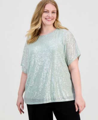 Anne Klein - Plus Size Sequined Dolman-Sleeve Top
