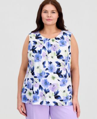 Kasper - Plus Size Sleeveless Shirred Floral Shell