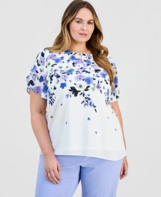 Kasper - Plus Size Placed-Floral Tulip-Sleeve Blouse