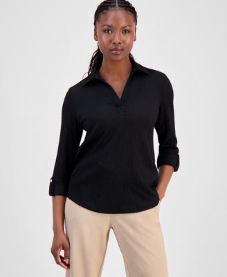 Anne Klein Essentials - Petite Textured Split-Neck Top