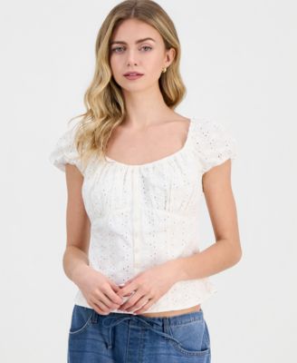 Just Polly - Juniors' Eyelet Short-Sleeve Button-Front Top