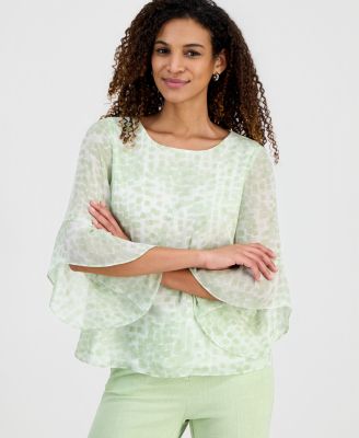 Kasper - Women's Printed Ruffle-Sleeve Blouse