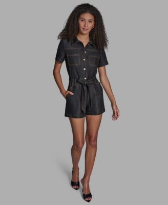 BCBG - Women's Stretch Denim Button-Front Closure Romper