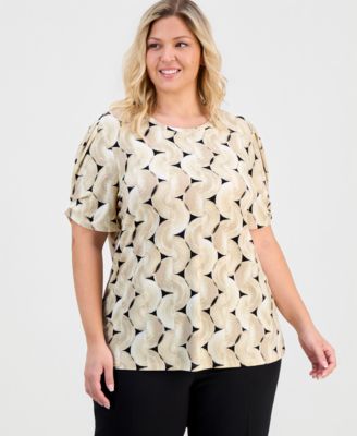 Anne Klein Essentials - Plus Size Printed Pleated-Sleeve Top