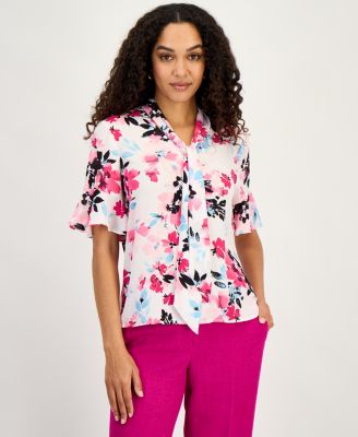 Kasper - Women's Printed Ruffle-Sleeve Blouse
