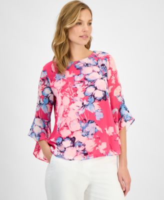 Kasper - Women's Printed Ruffle-Sleeve Blouse