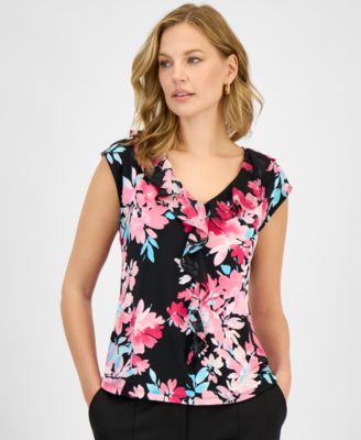 Kasper - Women's Printed Ruffle-Trim V-Neck Top