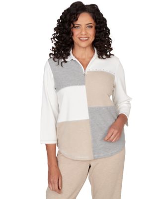 Alfred Dunner - Petite Quarter Zip Collared Patchwork Top