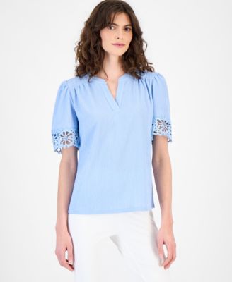 Anne Klein - Women's Split-Neck Lace-Trim Top