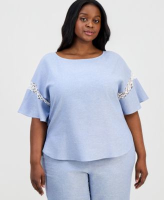 Anne Klein - Plus Size Lace-Trim Flutter-Sleeve Top