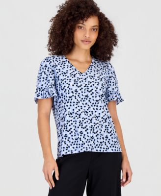 Anne Klein Essentials - Petite Printed Ruffle-Sleeve Top