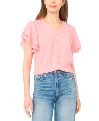 CeCe - Women's V-Neck Double Flutter Sleeves Top