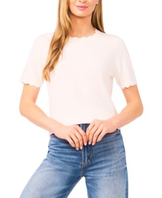 CeCe - Women's Scalloped Crewneck Pull-On Sweater