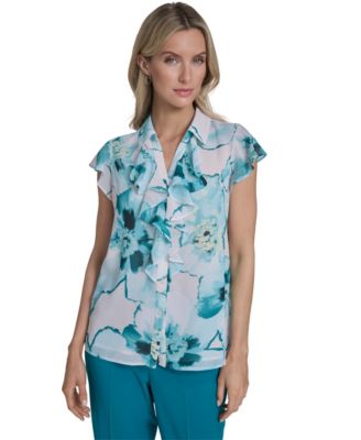 Calvin Klein - Women's Printed Ruffle Front Top