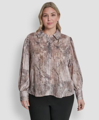 DKNY - Plus Size Collared Neck Long-Sleeve Top