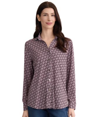 Jones New York - Petite Long-Sleeve Button-Front Printed Top