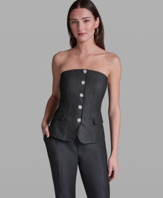 BCBG - Women's Faux Denim Strapless Button-Front Top