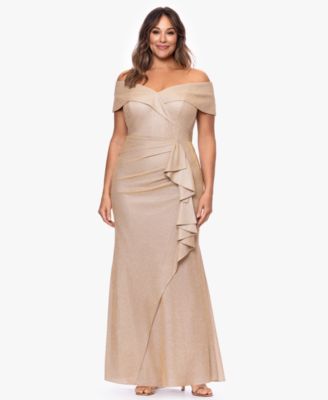 XSCAPE - Plus Size Foil Knit Off-The-Shoulder Ruffle Gown