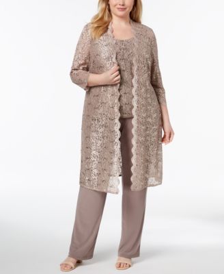R & M Richards - 3-Pc. Plus Size Sequined Lace Pantsuit & Shell