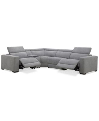 Nevio 5-Pc. Fabric Power Headrest L-Shape Sectional and Console with 2 Power Motion Chairs image