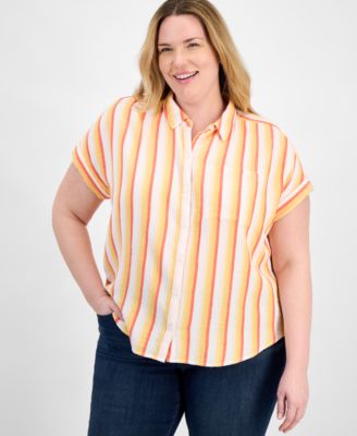 Style & Co - Plus Size Striped Button-Down Cotton Camp Shirt