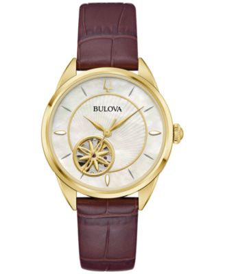 Bulova - Women's Sutton Automatic Brown Leather Strap Watch 34.5mm