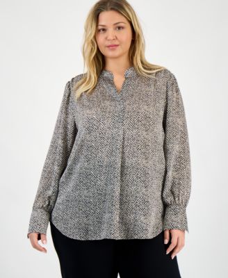 Anne Klein - Plus Size Printed Blouson-Sleeve Blouse