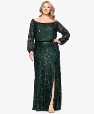 XSCAPE - Plus Size Sequin Off-The-Shoulder Side-Slit Gown