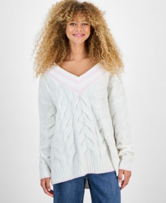 Hippie Rose - Juniors' V-Neck Cable-Knit Sweater