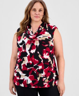 Kasper - Plus Size Printed Cap-Sleeve Cowlneck Top