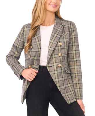 CeCe - Women's Button Front Double-Breasted Plaid Blazer