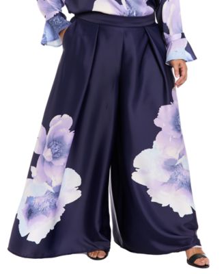 Muse - Plus Size Front Pleat Floral Placement Palazzo Pants