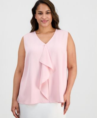 Kasper - Plus Size V-Neck Cascade-Ruffle-Front Blouse
