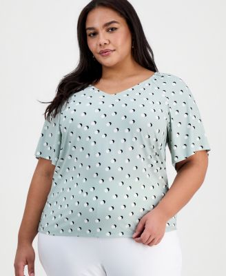 Anne Klein Essentials - Plus Size Printed V-Neck Flutter-Sleeve Top