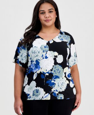 Anne Klein Essentials - Plus Size Printed V-Neck Flutter-Sleeve Top