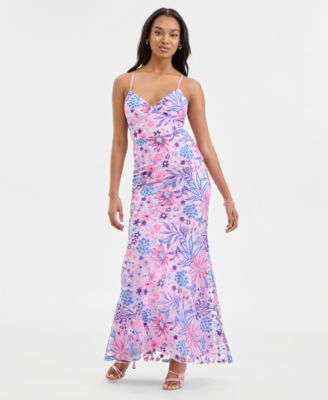 City Studios - Juniors' Floral-Sequinned Evening Gown
