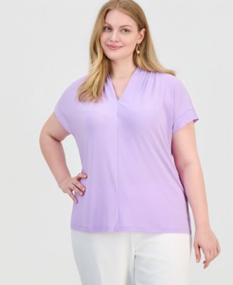 Kasper - Plus Size Short-Sleeve V-Neck Knit Top
