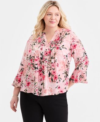 Style & Co - Plus Size Printed Pintuck-Front 3/4-Sleeve Top