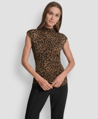 DKNY - Women's Printed Mock Neck Cap-Sleeve Top
