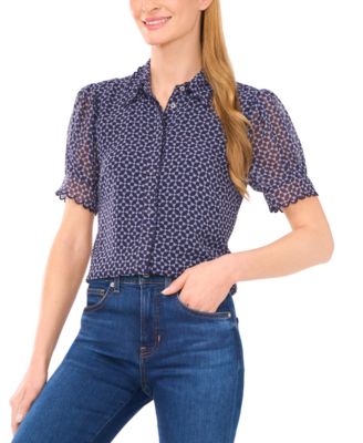 CeCe - Women's Scallop-Edge Geo-Print Blouse