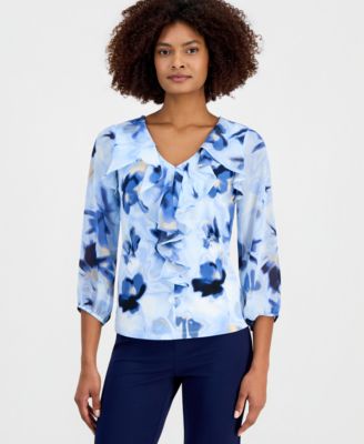 Anne Klein - Women's Printed Cascade Ruffle-Front Top