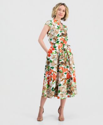 Kasper - Women's Cap-Sleeve Drawstring Midi Dress