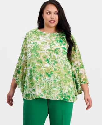 Kasper - Plus Size Printed Boat-Neck Ruffle-Sleeve Blouse
