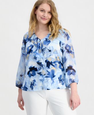 Anne Klein - Plus Size Cascade Ruffle-Front Blouse