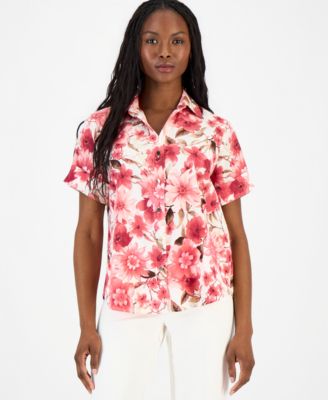 Anne Klein Essentials - Petite Printed Short-Sleeve Button-Front Shirt