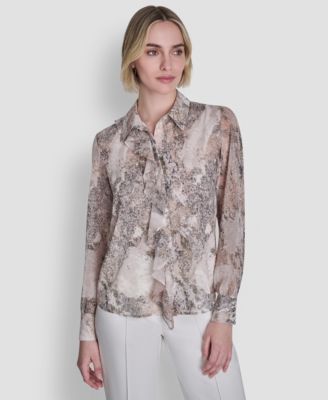 DKNY - Women's Printed Ruffle Front Long-Sleeve Collared Blouse