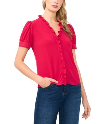 CeCe - Women's V-Neck Short-Sleeve Buttoned Top