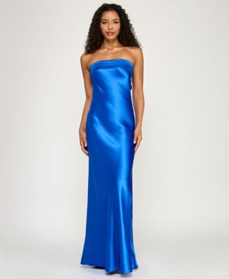 Emerald Sundae - Juniors' Strapless Drape-Back Satin Gown